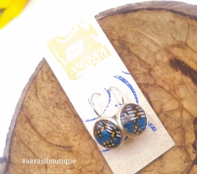 Silver, gold and blue ankara on round silver drop earrings