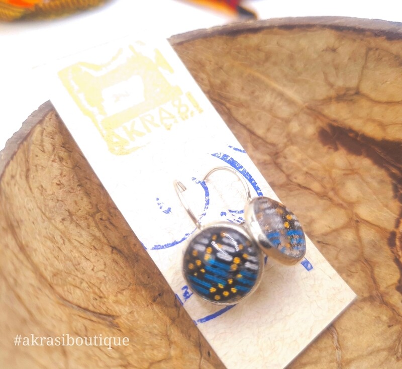 Silver, gold and blue ankara on round silver drop earrings