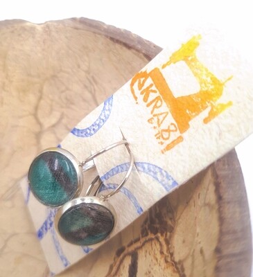 Green and brown ankara on round silver drop earrings