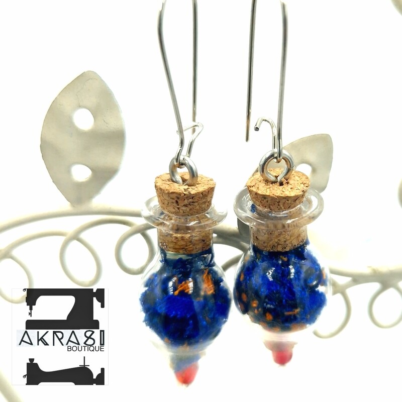 Blue and orange alchemy beaded mashup collection drop earrings sealed in glass