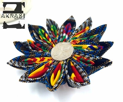 Scifunk flower with vintage button centre in ankara and kente print | kanzashi flower pin | flower hair clip | flower brooch | clothing accessories