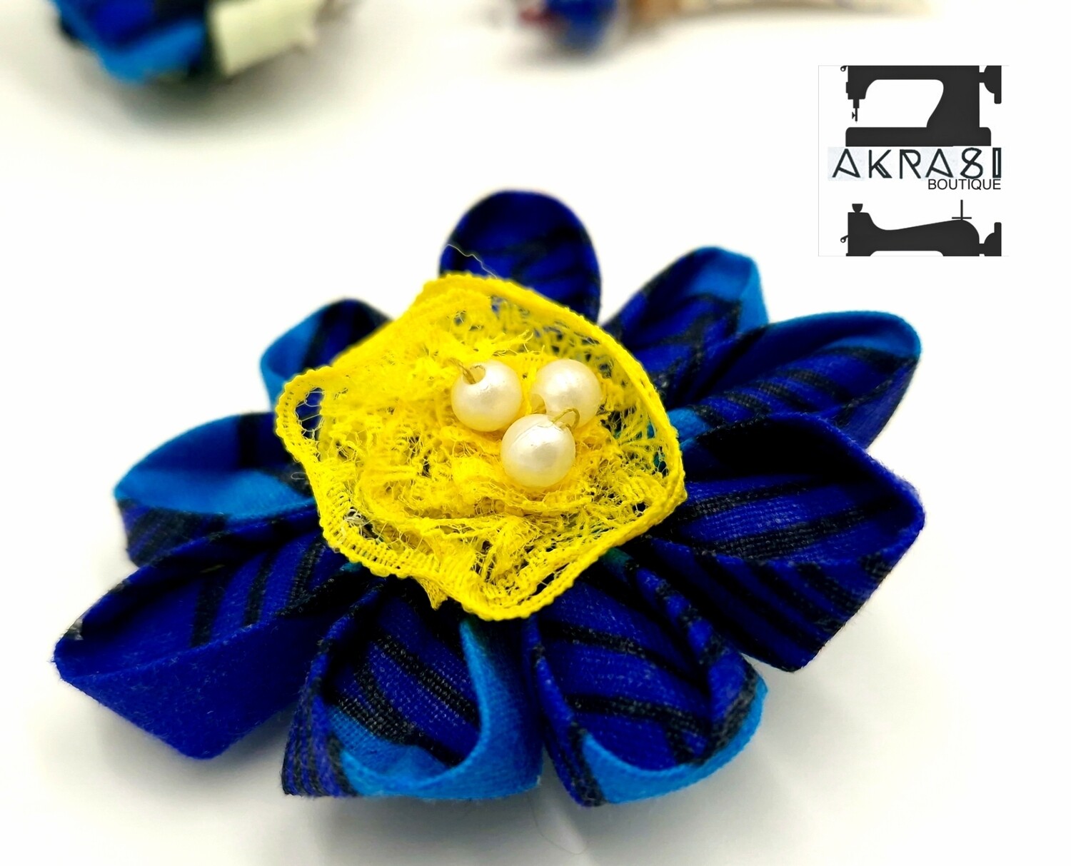 Kanzashi style blue ankara print flower with yellow lace & pearl centre | flower pin | flower hair clip | flower brooch | clothing accessories