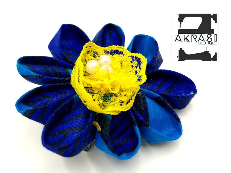 Kanzashi style blue ankara print flower with yellow lace &amp; pearl centre | flower pin | flower hair clip | flower brooch | clothing accessories