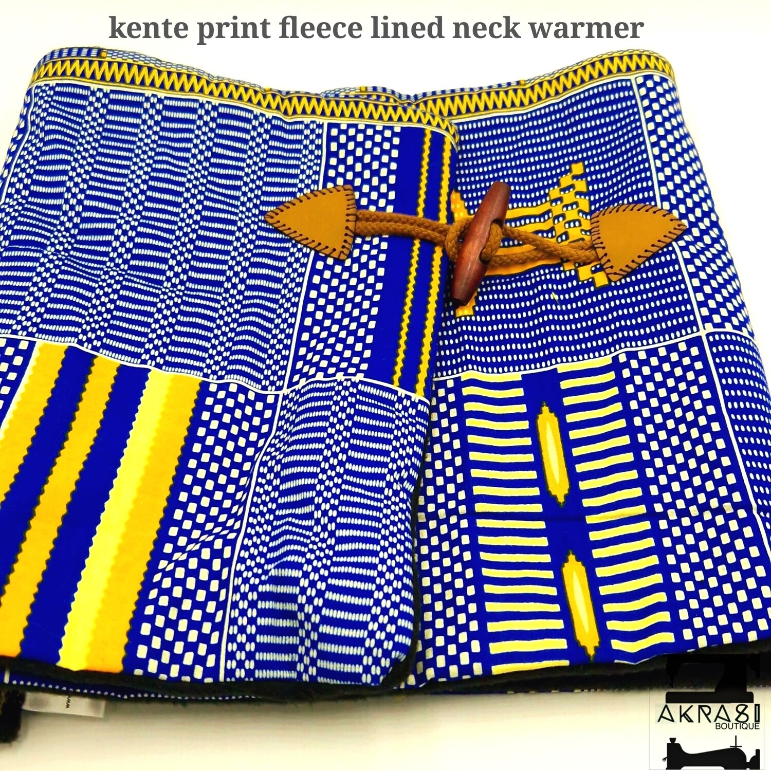 Fleece lined blue and gold kente print neck warmer