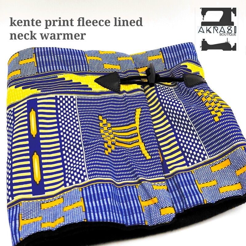 Fleece lined blue and gold kente print neck warmer