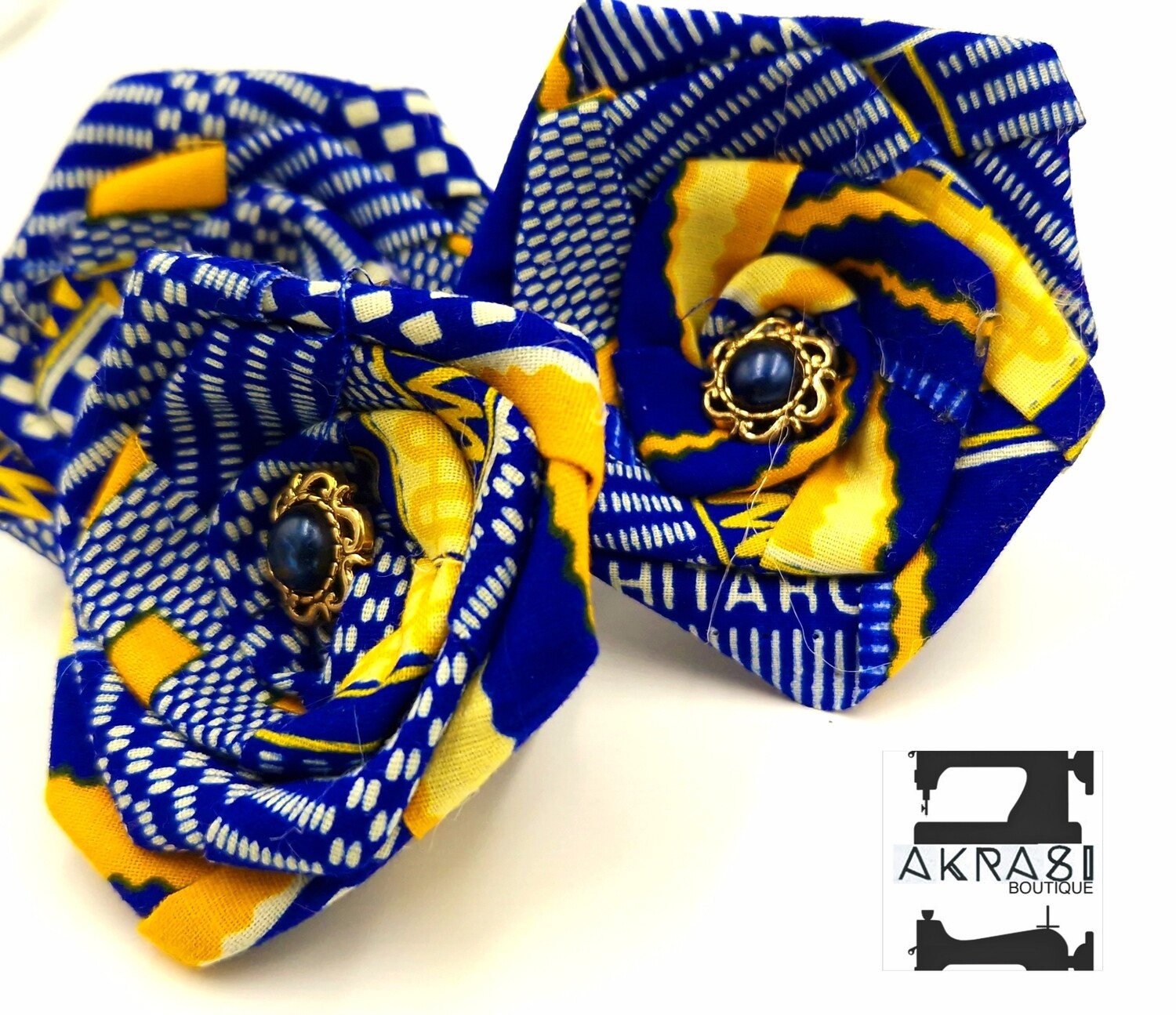 Blue and yellow kente rose flower with vintage button centre | flower pin | flower hair bun pins