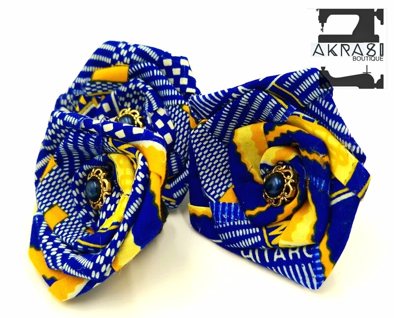 Blue and yellow kente rose flower with vintage button centre | flower pin | flower hair bun pins