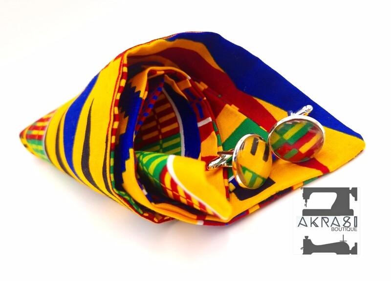 Kente wax print pocket square with cufflinks | men's accessories | Kente pocket square and cufflinks set