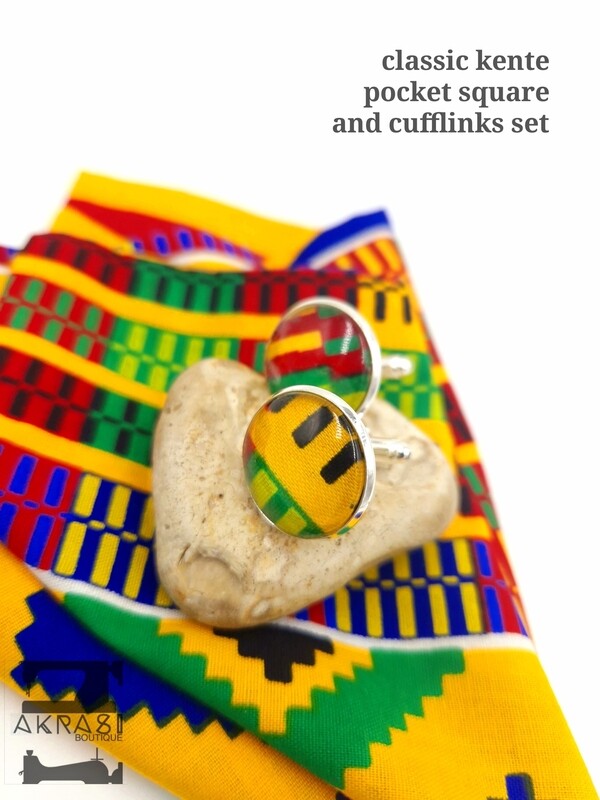 Kente wax print pocket square with cufflinks | men&#39;s accessories | Kente pocket square and cufflinks set