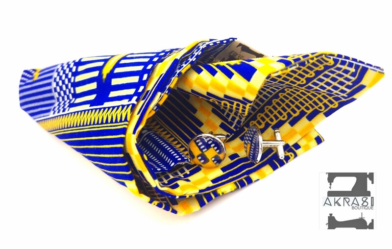 Kente wax print pocket square with cufflinks and cravat