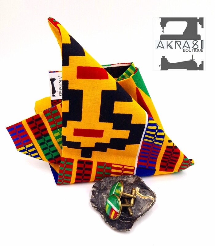 Kente wax print pocket square with cufflinks | men's accessories | Kente pocket square and cufflinks set