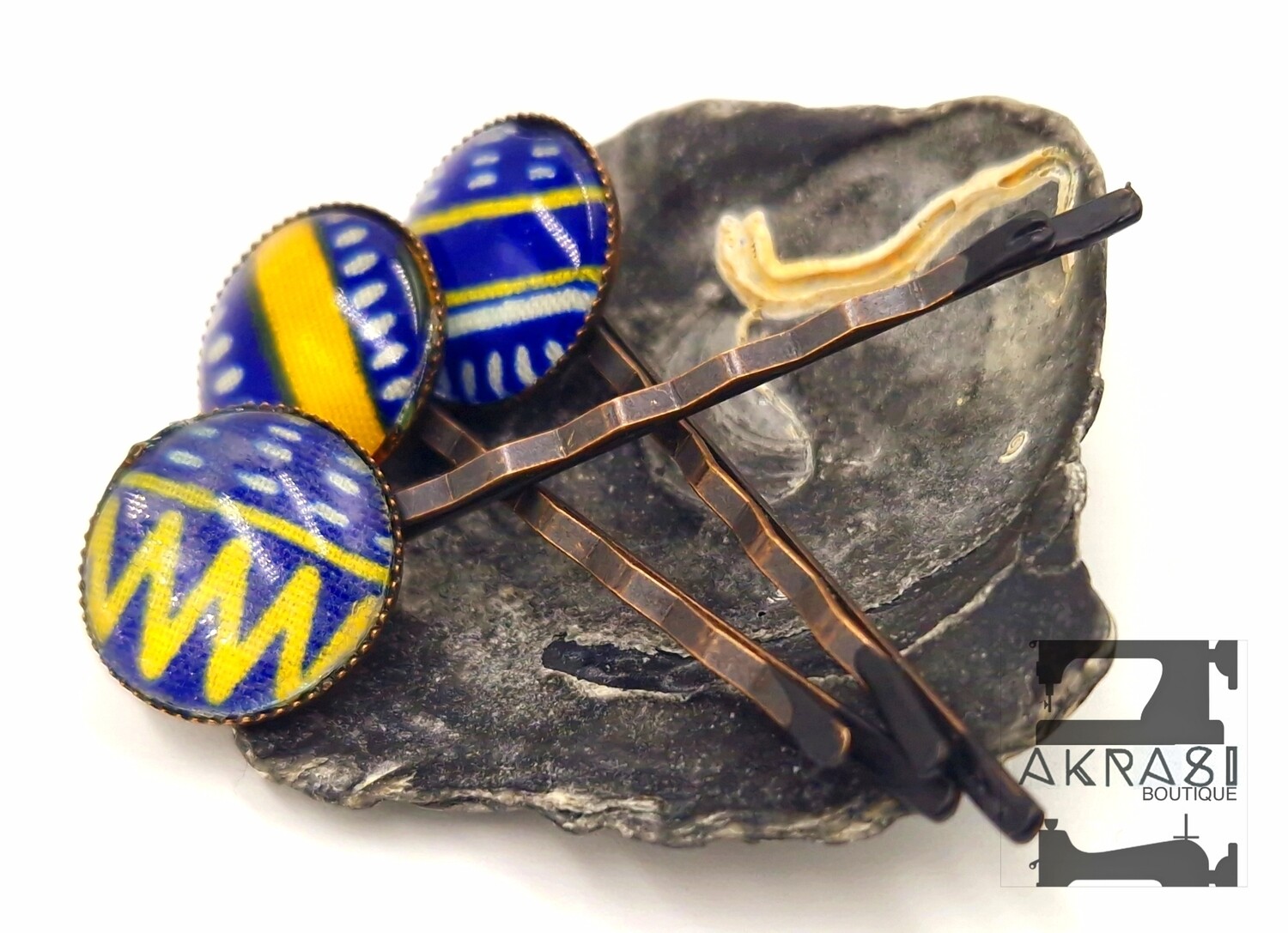 Blue and gold Kente hair pin set in copper | African Bobby pin | Ankara hair slide