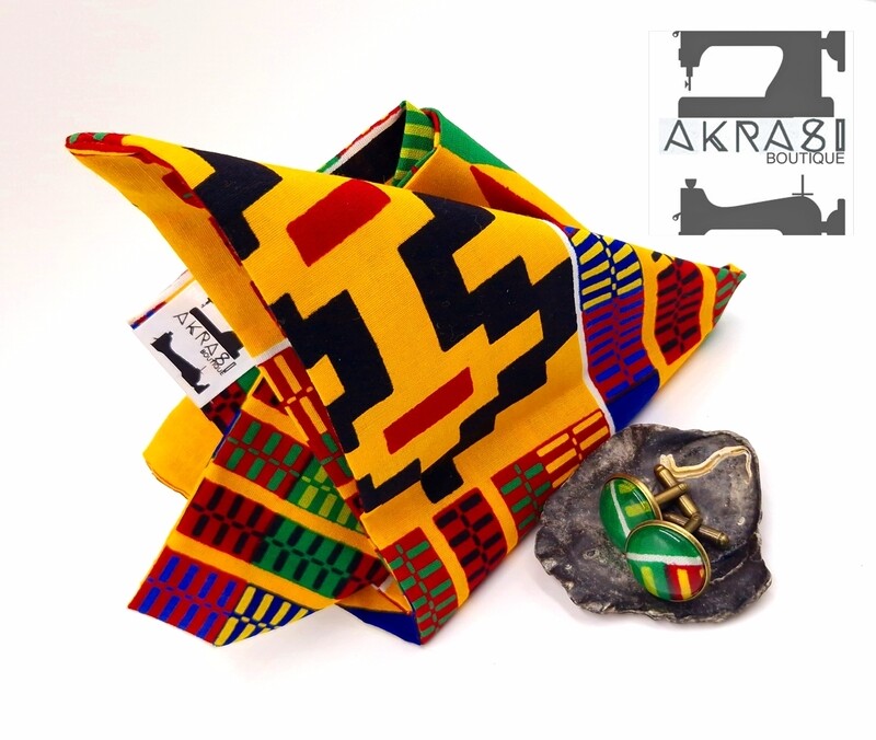 Kente wax print pocket square with cufflinks | men&#39;s accessories | Kente pocket square and cufflinks set