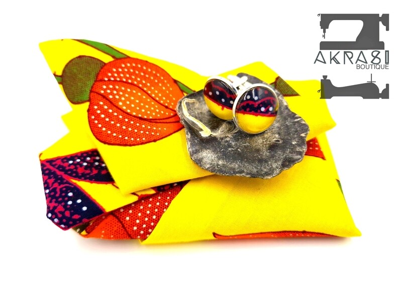 Large yellow floral African wax print pocket square with cufflinks | men's accessories