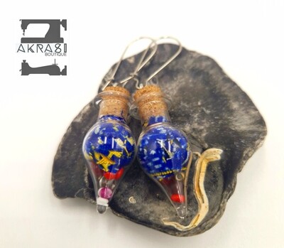 Blue and gold kente alchemy beaded mashup collection drop earrings sealed in glass