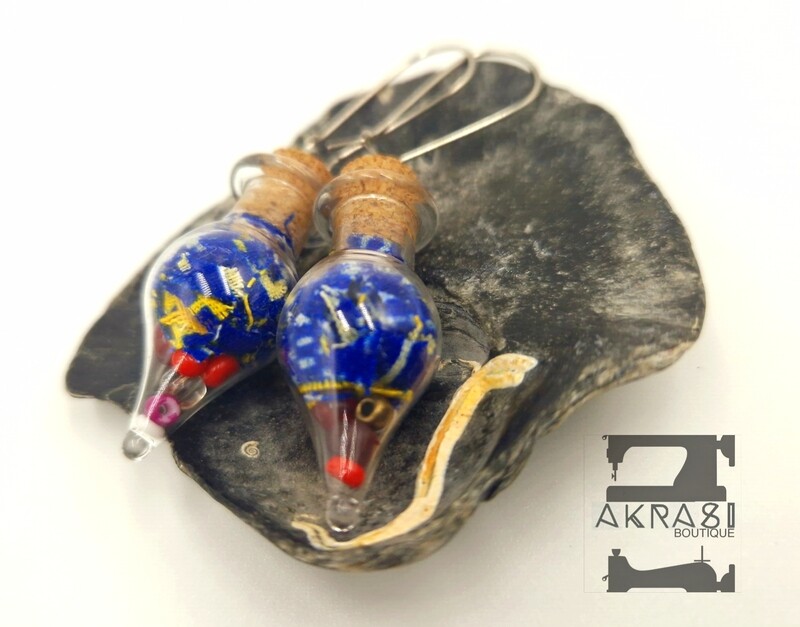 Blue and gold kente alchemy beaded mashup collection drop earrings sealed in glass