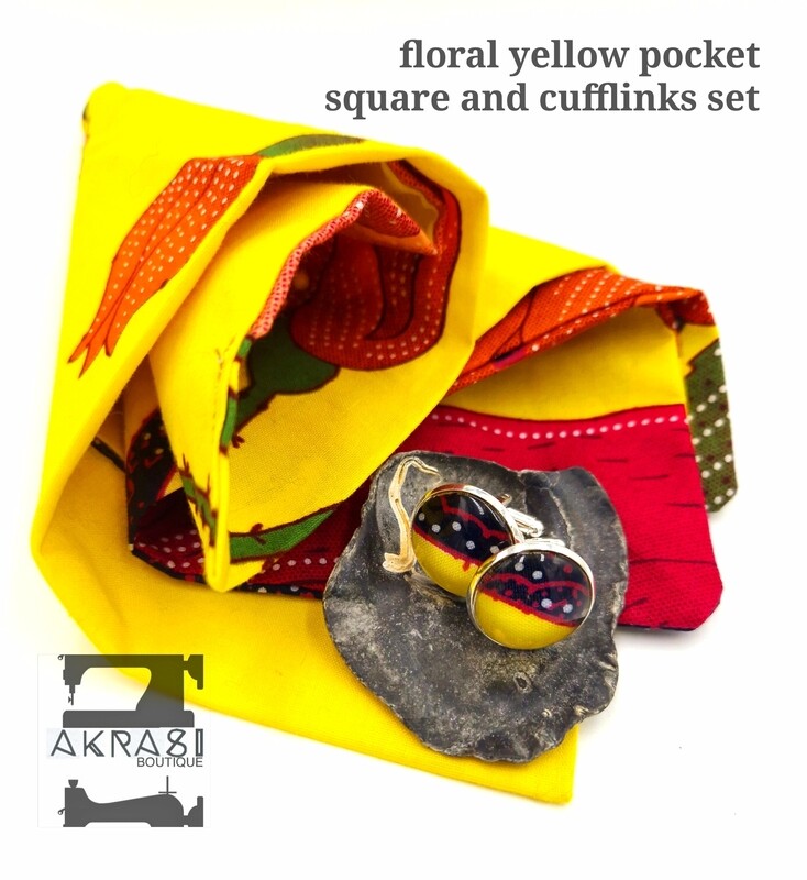 Large yellow floral African wax print pocket square with cufflinks | men&#39;s accessories