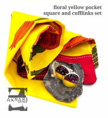 Large yellow floral African wax print pocket square with cufflinks | men's accessories