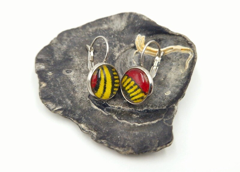 Red and yellow ankara on round silver drop earrings