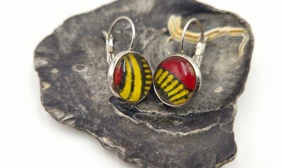 Red and yellow ankara on round silver drop earrings