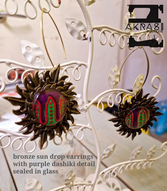Custom handmade bronze drop earrings with dashiki detail for Esther