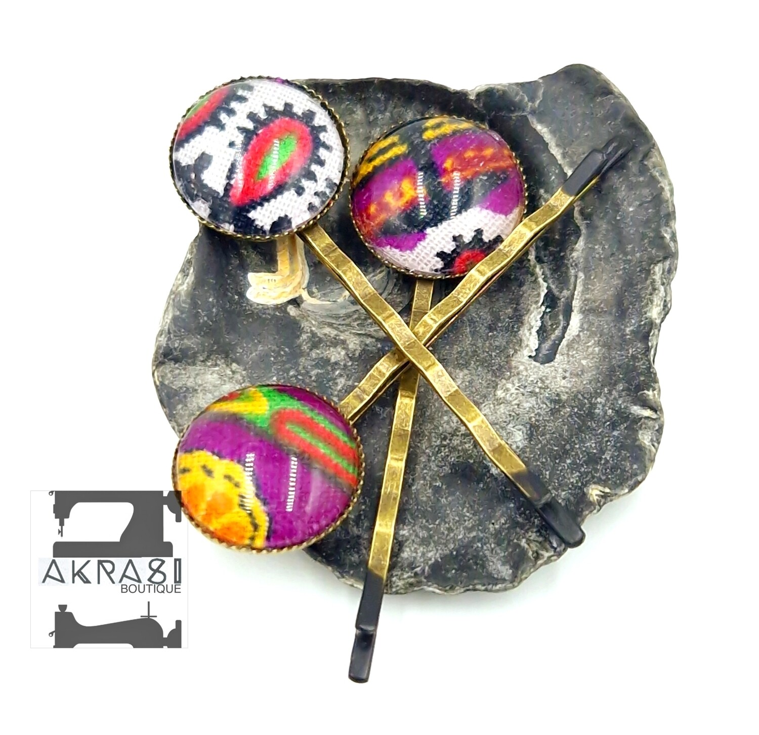 Purple and orange dashiki hair pin set | African bronze bobby pin | Floral hair slide