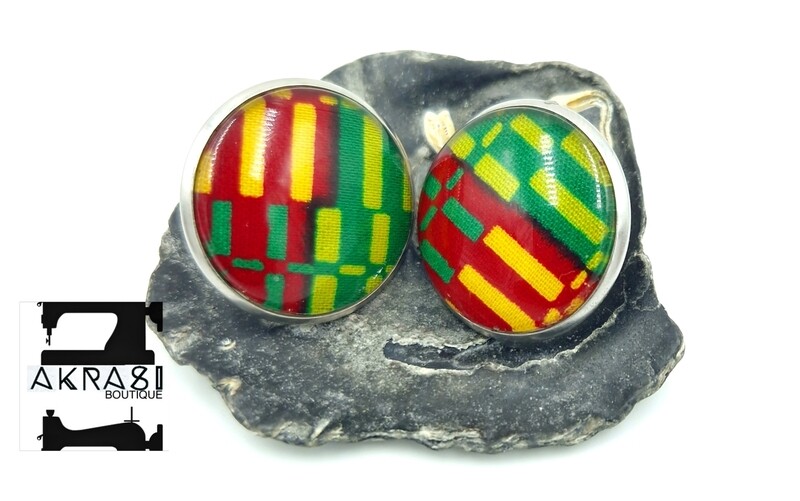Round classic Kente silver stud earrings sealed in glass
