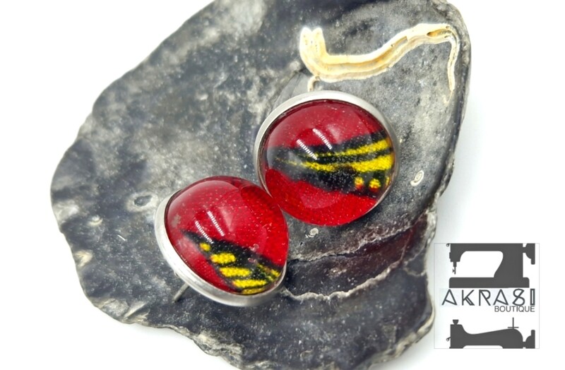 Glass dome red ankara silver stud earrings