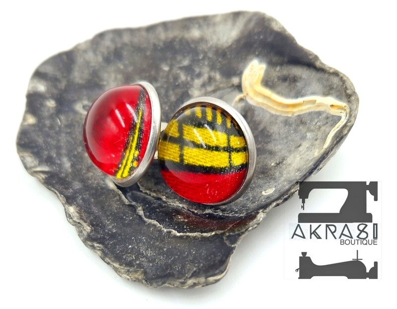 Glass dome red ankara silver stud earrings