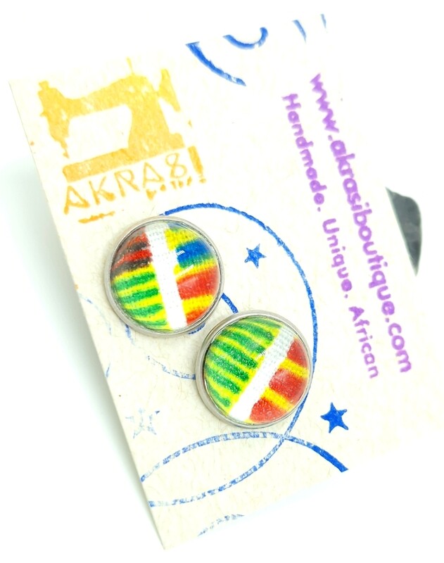 Glass dome kente silver stud earrings