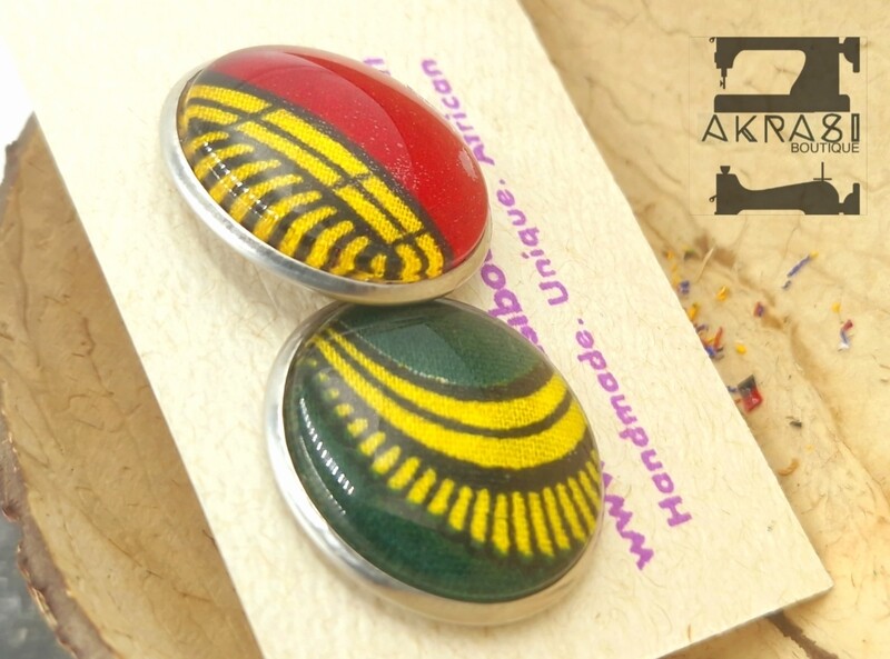 Round green and red ankara print on silver stud earrings sealed in glass