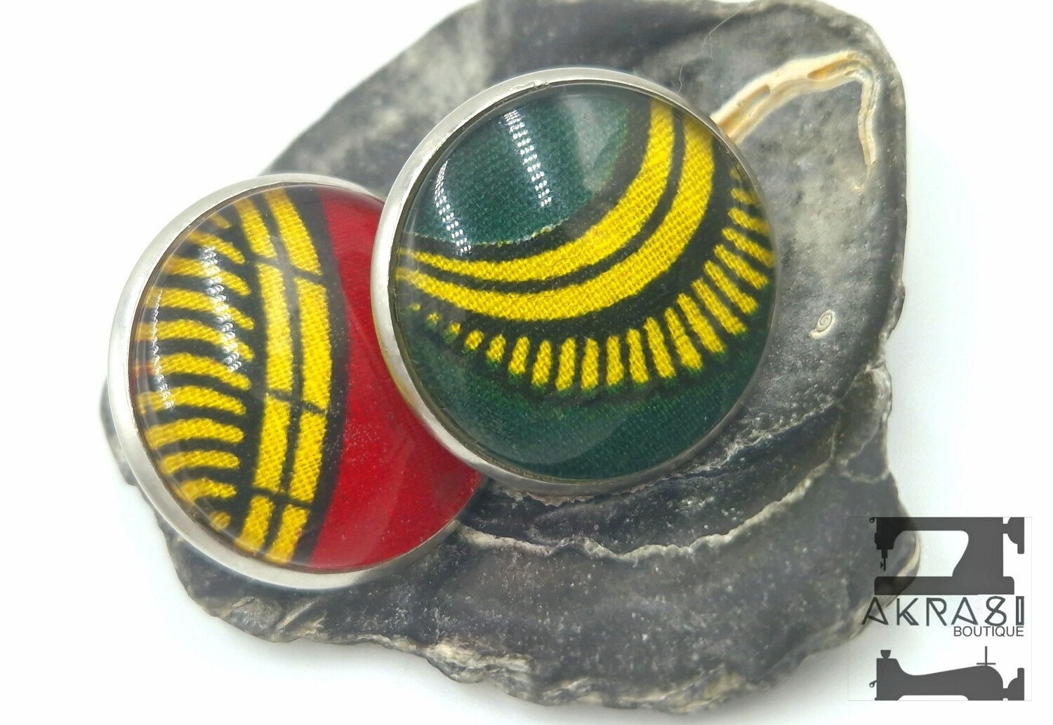 Round green and red ankara print on silver stud earrings sealed in glass