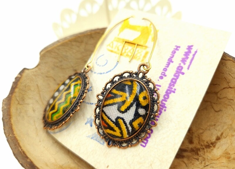 Oval ankara copper drop earrings sealed in glass