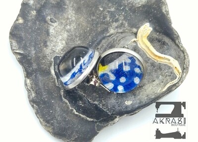 Glass dome blue and white polka dot silver stud earrings