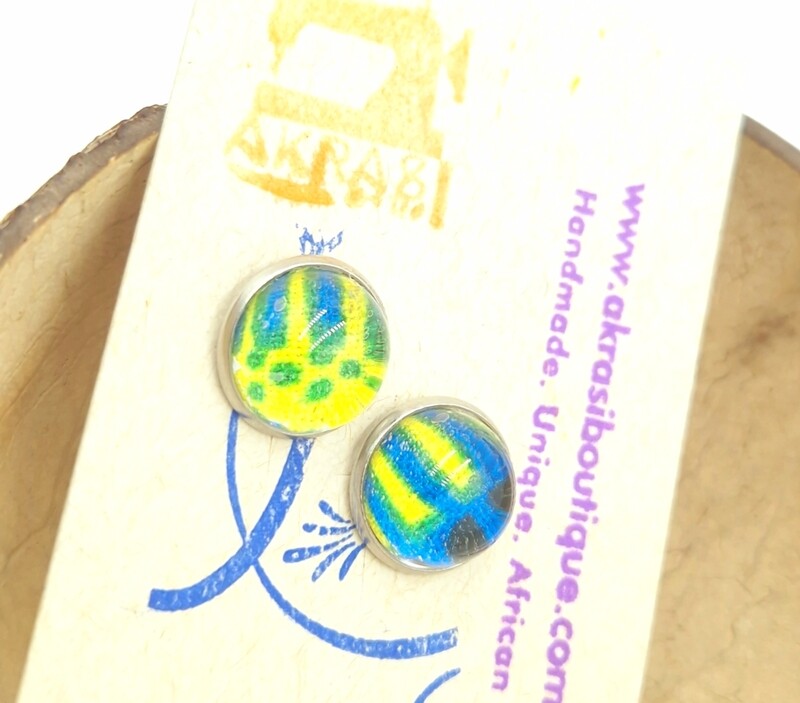 Glass dome kente silver stud earrings