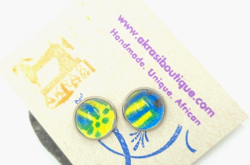 Glass dome kente silver stud earrings