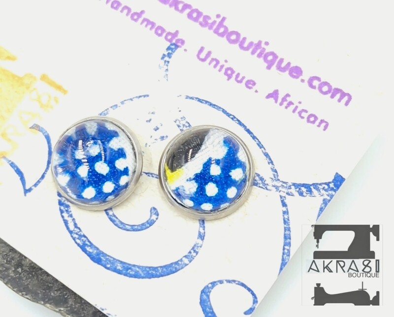 Glass dome blue and white polka dot silver stud earrings