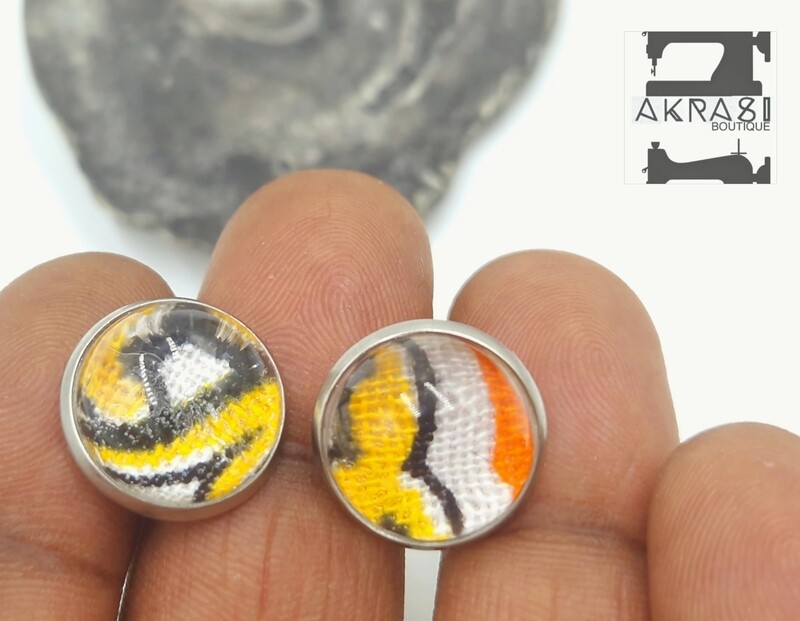 Glass dome dashiki print silver stud earrings
