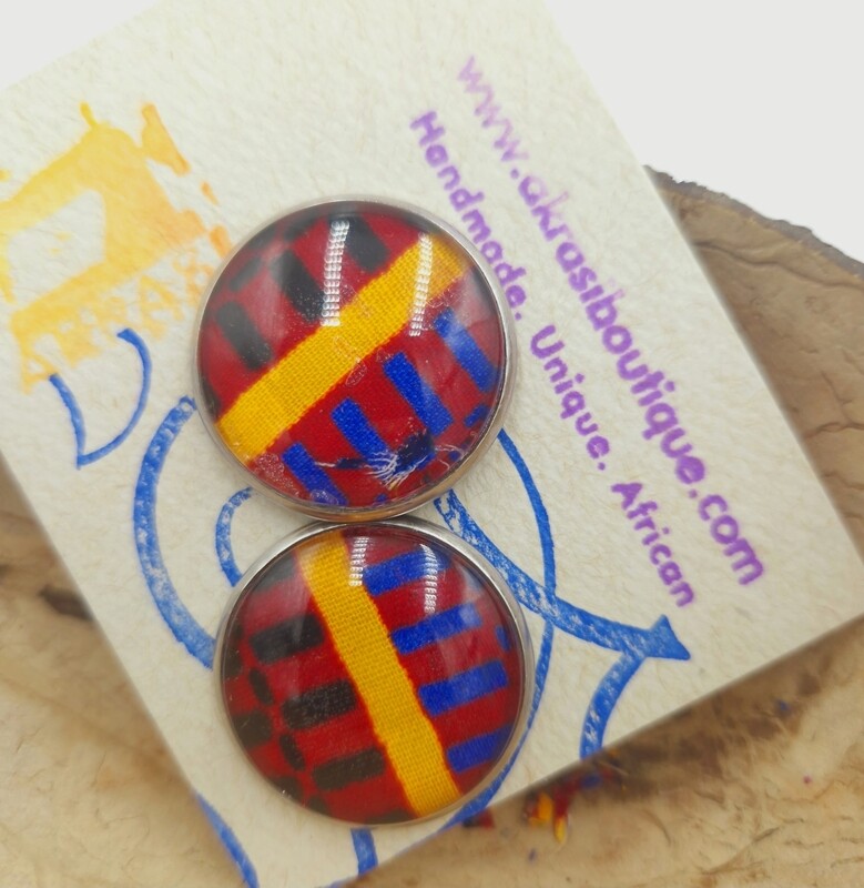 Round Kente silver stud earrings sealed in glass