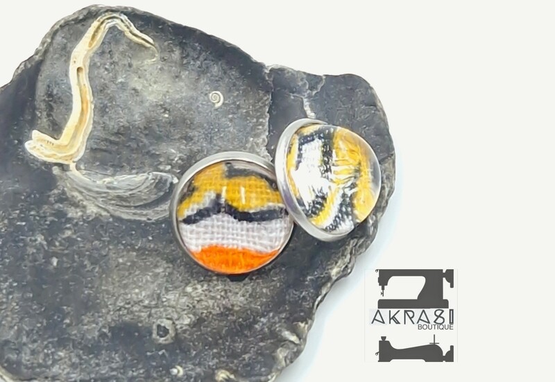 Glass dome dashiki print silver stud earrings