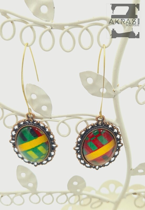 Oval kente copper drop earrings sealed in glass