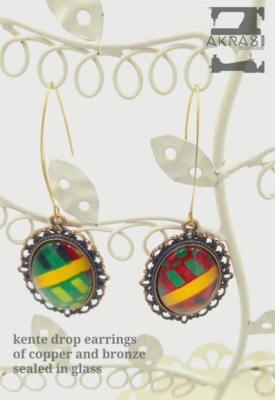 Oval kente copper drop earrings sealed in glass