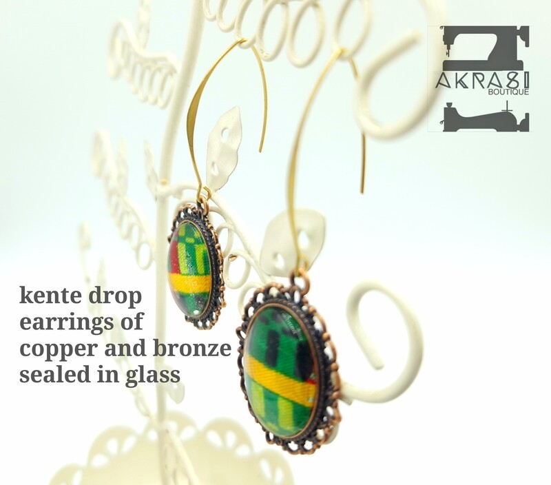 Oval kente copper drop earrings sealed in glass