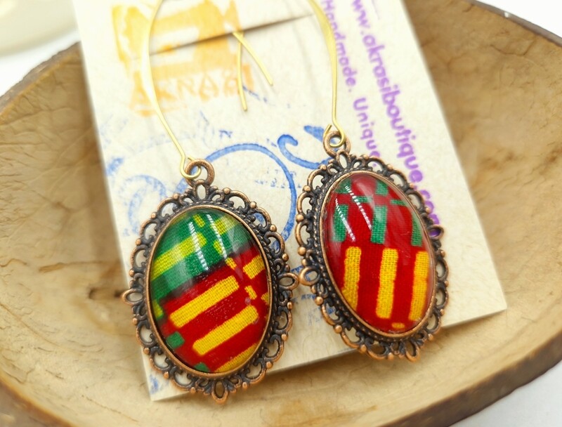 Oval kente copper drop earrings sealed in glass