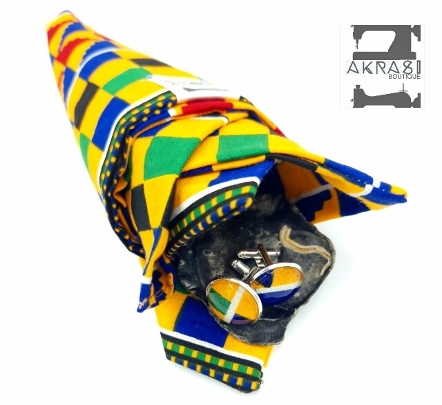Large yellow kente African wax print pocket square with cufflinks | men's accessories