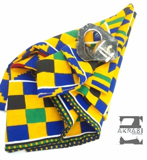 Large yellow kente African wax print pocket square with cufflinks | men's accessories
