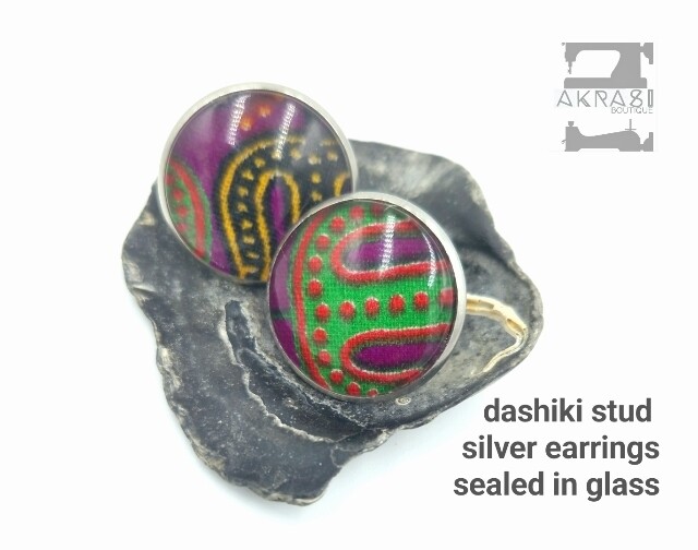 Round purple dashiki silver stud earrings sealed in glass