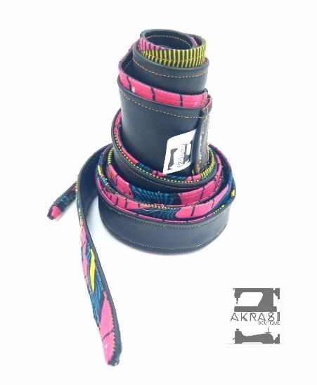 Custom handmade ankara and vegan leather reversible obi belt and earrings set for Esther