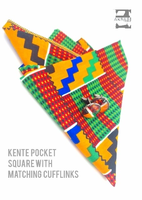 Large yellow kente African wax print pocket square with cufflinks | men's accessories