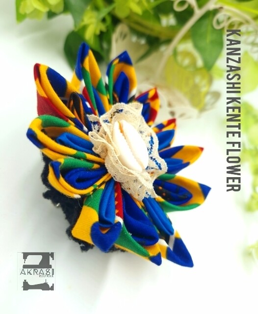 Star flower in kente with cowrie centre | kanzashi flower hair clip | flower brooch | clothing accessories